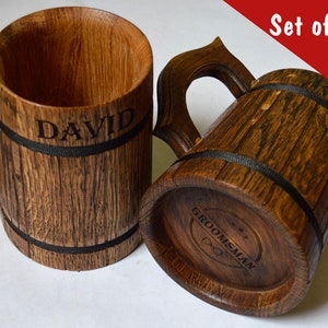 Set of 6 Personalized Groomsmen gift Custom Beer mug 20oz Engraved tankard Wooden mug, Groom Gift Gift For Him, Gift for Father of the bride image 1