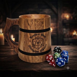 Personalized DnD Mug, Dungeons and Dragons Beer Stein, Engraved Wooden Tankard for Dungeon Master