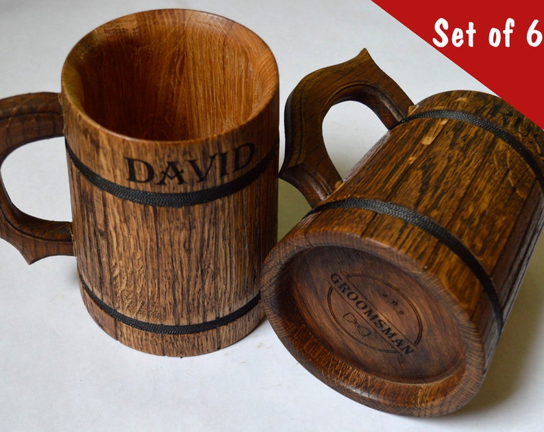 Set of 6 Personalized Groomsmen gift Custom Beer mug 20oz Engraved tankard Wooden mug, Groom Gift Gift For Him, Gift for Father of the bride image 1