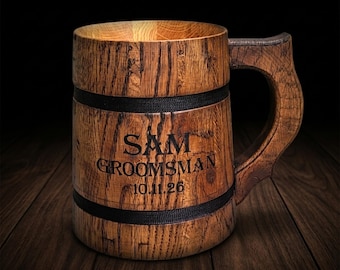 Personalized Wooden Beer Mug, Custom Engraved Groomsmen Gift, BestMan Wood Tankard 29oz