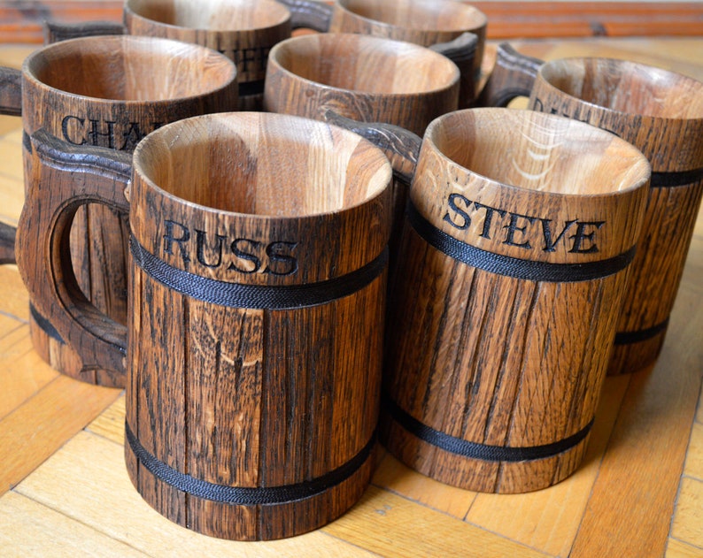 Set of 6 Personalized Groomsmen gift Custom Beer mug 20oz Engraved tankard Wooden mug, Groom Gift Gift For Him, Gift for Father of the bride image 3