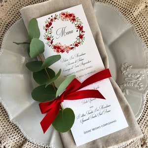 Menu Laurea, Menu Compleanno, Matrimonio Rosso, Menu e Segnaposto Matrimonio Rosso, Menu Matrimonio Raffinato