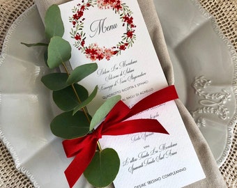 Menu de remise des diplômes, thème de mariage de couleur rouge, mariage de fleurs rouges, cartes de place de fleurs rouges, cartes de place de couronne de mariage, menu imprimable