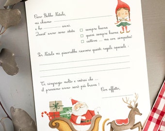 Lettera a Babbo Natale da stampare, lui e lei, Lettera per Babbo Natale con slitta e renne, elfi, Disegni Natale Bambini