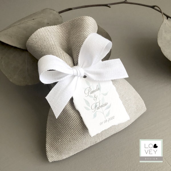 Personalized Wedding Favor Bags: Italian Cotton, Custom Tag & Ribbon