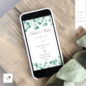 Save the date whatsapp, Invito digitale matrimonio, Invito whatsapp tema eucalipto