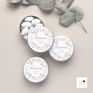 Gepersonaliseerde ronde blikken dozen, gunsten en plaatskaarten voor bruiloft, doop, afstuderen, communie, verjaardag, confetti, snoep, kruidenhouder