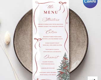 Christmas Menu Template, Classic Menu, Printable Christmas Table Decor, Editable Template, Christmas Party Decoration, Bow