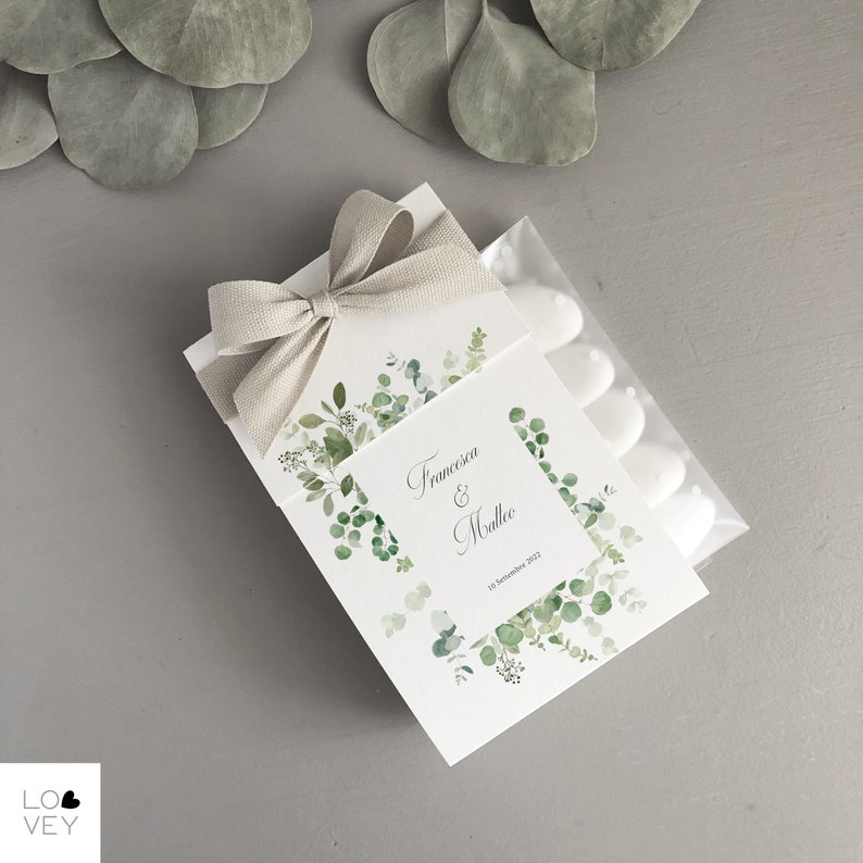 Porta confetti personalizzato Matrimonio, Comunione, Cresima, Laurea, tema greenery, leggi la descrizione in basso immagine 1