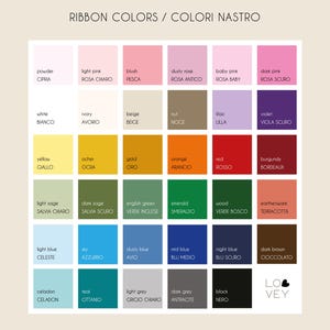 May include: A color chart titled "RIBBON COLORS / COLORI NASTRO" displays a grid of color swatches. Each swatch has a color name in English and Italian. Colors include pinks, blues, greens, yellows, and browns. The bottom right corner has a logo.