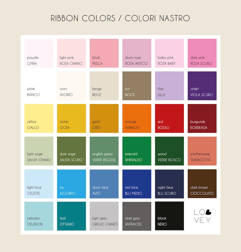 May include: A color chart titled "RIBBON COLORS / COLORI NASTRO" displays a grid of color swatches. Each swatch has a color name in English and Italian. Colors include pinks, blues, greens, yellows, and browns. The bottom right corner has a logo.