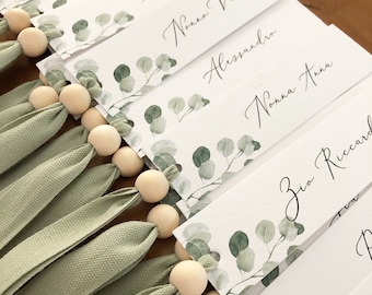 Cardboard place card with ribbon and wooden pearl or without, with or without hole Minimum purchase 20 pieces, Buy more Save more