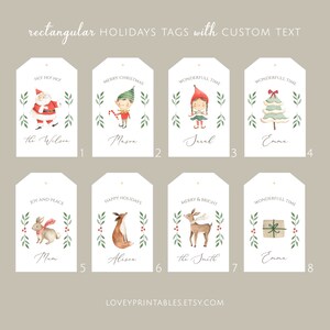 May include: Eight printable Christmas gift tags with various illustrations and text. The illustrations include Santa Claus, an elf, a girl with a red hat, a Christmas tree, a rabbit, a fox, a deer, and a gift box. The text includes "Ho! Ho! Ho!", "Merry Christmas", "Wonderful Time", "Joy and Peace", "Happy Holidays", "Merry & Bright", and the names "The Wilson", "Mason", "Sarah", "Emma", "Mum", "Alison", "The Smith", and "Emma".