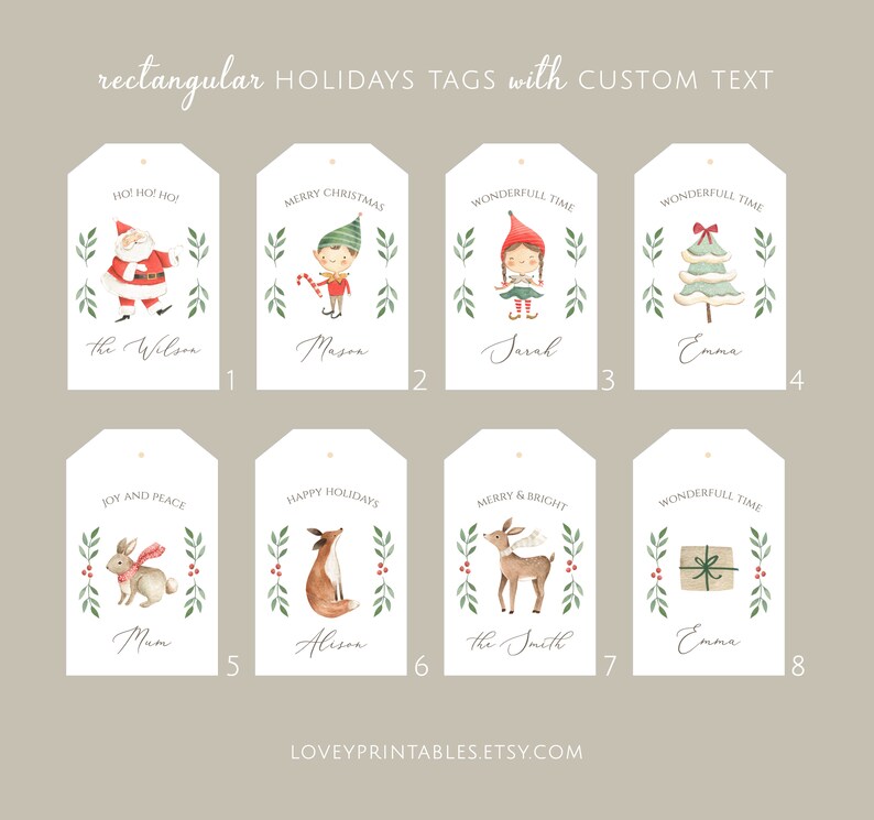 May include: Eight printable Christmas gift tags with various illustrations and text. The illustrations include Santa Claus, an elf, a girl with a red hat, a Christmas tree, a rabbit, a fox, a deer, and a gift box. The text includes "Ho! Ho! Ho!", "Merry Christmas", "Wonderful Time", "Joy and Peace", "Happy Holidays", "Merry & Bright", and the names "The Wilson", "Mason", "Sarah", "Emma", "Mum", "Alison", "The Smith", and "Emma".