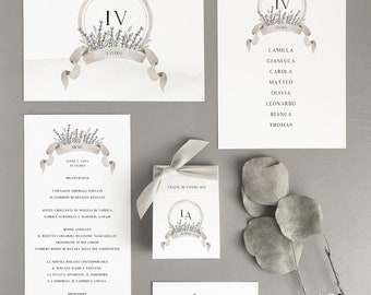 Wedding stationery, Seating chart, Table sign, Menu, Placecard, Wedding gift, Invitation, Lavender, Eucaliptus, Olive, Wild Flowers Crest