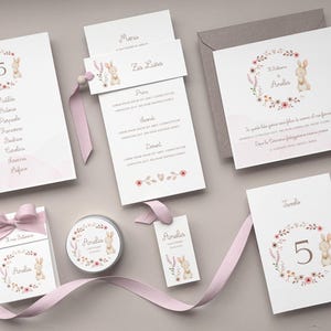 繊細な花とウサギの文房具セット、洗礼式、誕生日パーティー、ベビーシャワー、招待状、記念品、メニュー、席札、座席表