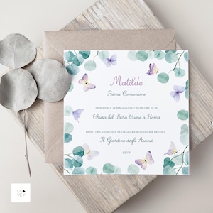 Invito Prima Comunione Bambina, Invito Battesimo, Invito Cresima, Delicate farfalle e rami di eucalipto acquerello, Coordinati Disponibili