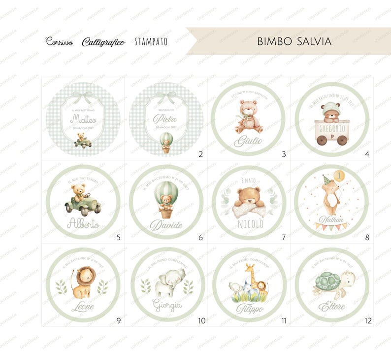 May include: A collection of twelve round stickers with watercolor illustrations and text. The stickers feature teddy bears, animals, and names, with a soft green and white color scheme. The text includes names and phrases.