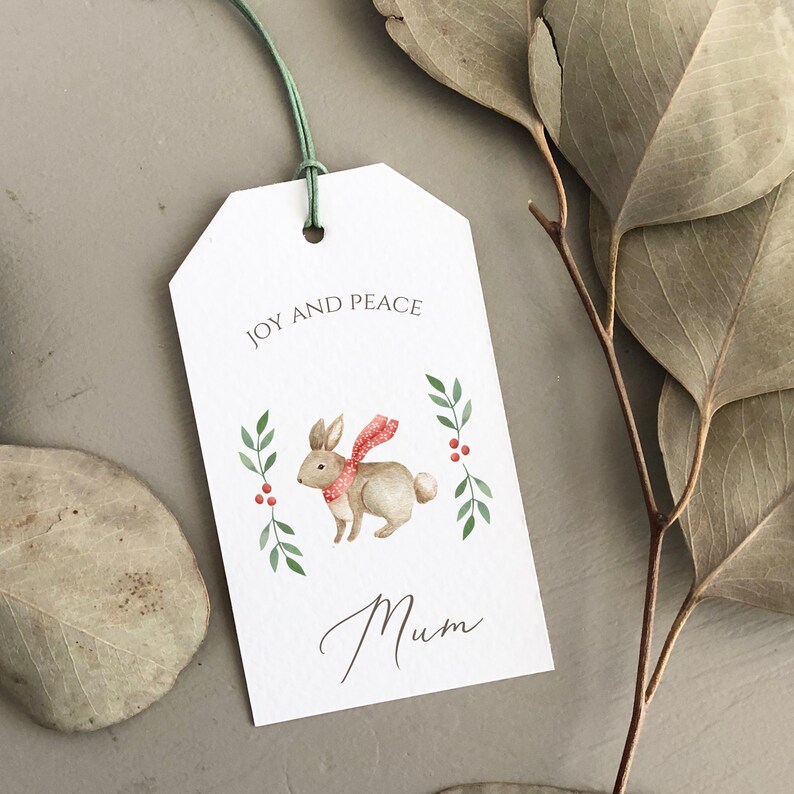 May include: A white gift tag with a watercolor illustration of a brown rabbit wearing a red scarf. The tag has the text "Joy and Peace" and "Mum" written on it.