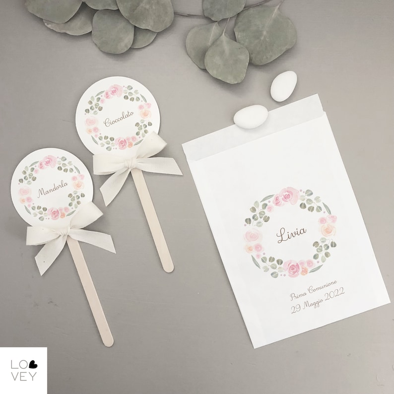 Porta confetti personalizzato Comunione, Cresima, Battesimo, Laurea, Matrimonio, tema floreale e greenery immagine 10