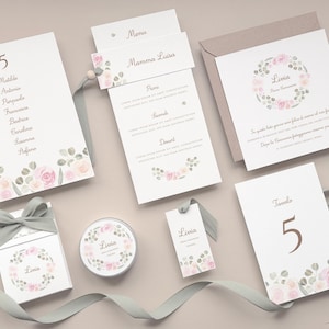 Coordinato delicate rose e rami di eucalipto, Prima Comunione, Cresima, Compleanno, Invito, Menu, Segnaposto, Tableau, Porta confetti, Tag