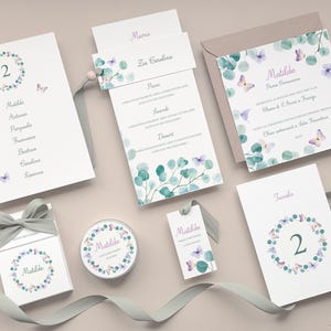 Zarte Schmetterlinge und Eukalyptus Briefpapier Set, Erstkommunion, Geburtstagsfeier, Einladungen, Gastgeschenke, Menü, Tischkarte, Sitzplan