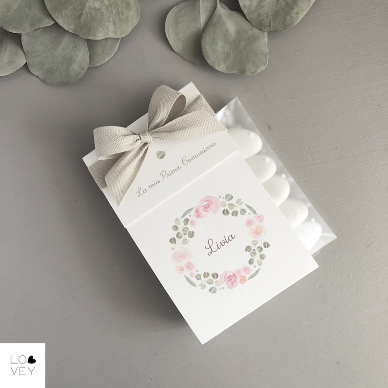 Porta confetti personalizzato Comunione, Cresima, Battesimo, Laurea, Matrimonio, tema floreale e greenery immagine 1