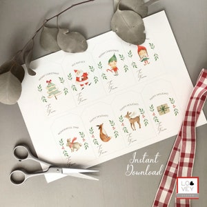 Etichette di Natale da stampare a casa o in tipografia, download istantaneo, tag natale ad acquerello, chiudi pacco Natale