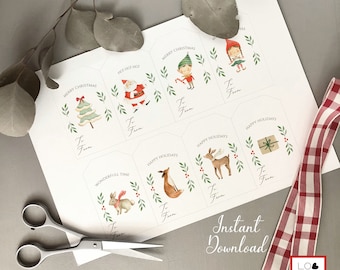 Printable Christmas Gift Tags, Santa, Elf, Fox, Deer (Digital Download)