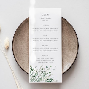 Hochzeitsmenü, Eukalyptus-Menü, Gedrucktes Menü, Greenery-Menü, Kaufen Sie mehr Sparen Sie mehr, Menü aus italienischem Papier