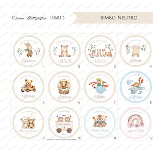 May include: A collection of twelve circular baby shower stickers with watercolor illustrations. Designs include a bunny, bear, foxes, baby clothes, a teddy bear in a car, a teddy bear in a basket, and a rainbow. Each sticker has a name.