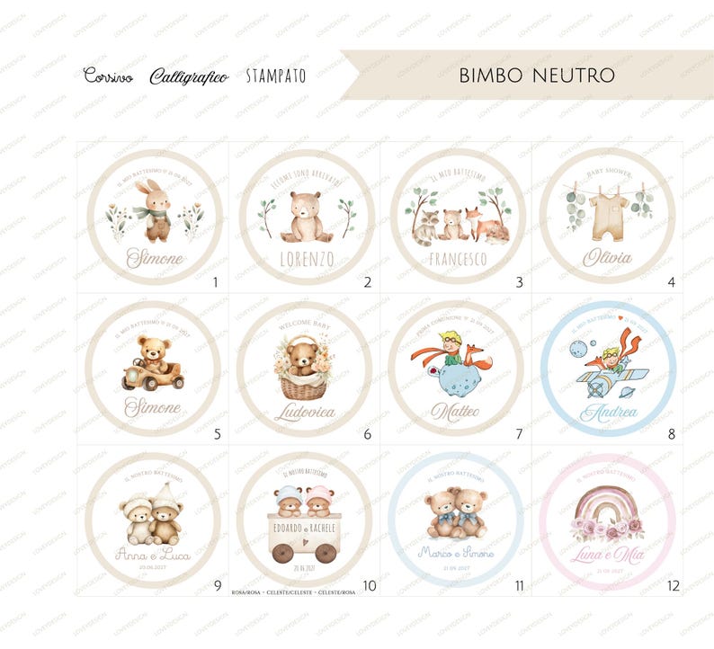 May include: A collection of twelve circular baby shower stickers with watercolor illustrations. Designs include a bunny, bear, foxes, baby clothes, a teddy bear in a car, a teddy bear in a basket, and a rainbow. Each sticker has a name.