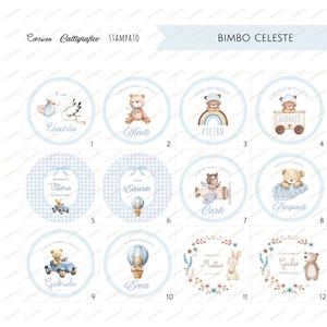 May include: A collection of twelve circular baby shower stickers with watercolor illustrations and text. Designs include teddy bears, a stork, a hot air balloon, and a rabbit, all in soft blue and beige tones. The text includes names like "Edoardo" and "Mattia".