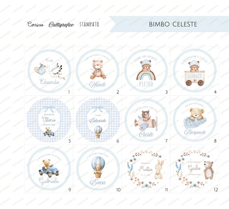 May include: A collection of twelve circular baby shower stickers with watercolor illustrations and text. Designs include teddy bears, a stork, a hot air balloon, and a rabbit, all in soft blue and beige tones. The text includes names like "Edoardo" and "Mattia".