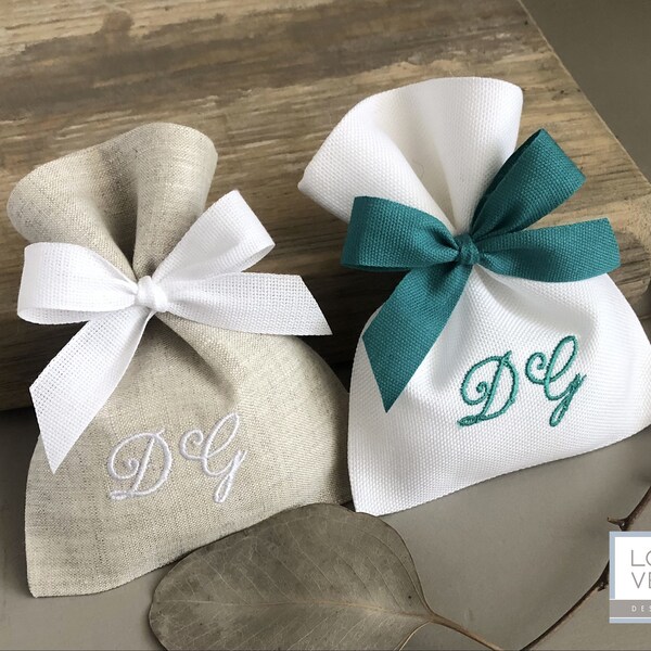 Embroidered Monograms Favor Bags, DIY or COMPLETE Wedding Favors, Monogram Wedding Bags, Ivory Pouches for Favors, Embroidered Sachets