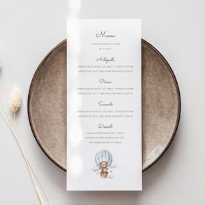 Gedrukt kinderfeestmenu, doopmenu, menu verjaardag babyjongen, meer kopen, meer besparen, vertaling beschikbaar in andere talen