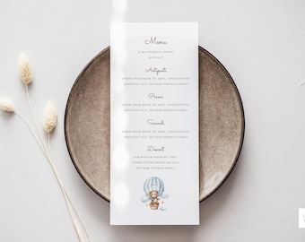 Printed kids party menu, Baptism menu, Birthday baby boy menu, Buy more Save more, Translation available in other languages
