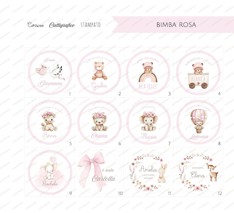 May include: A collection of twelve pink and white circular stickers with illustrations of animals and text. The text includes names like Giovanna, Giulia, Beatrice, and Bianca. The stickers are for a baby girl.