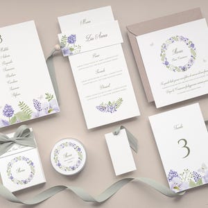 Delicate lilac flowers Stationery Bundle, First Communion, Graduation, Birthday Party, Invitation, Favors, Menu, Place card, Seating chart