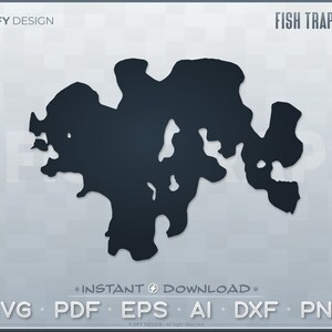 May include: A black and white silhouette of Fish Trap Lake. The lake is shaped like a large, irregular blob with several smaller islands inside. The text "FISH TRAP LAKE" is in white letters at the top of the image.
