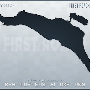 Peut inclure: Une silhouette noire et blanche d'un lac, peut-être First Roach Pond, avec le texte "FIRST ROACH POND" en haut de l'image et "GFY DESIGN" en haut à gauche. Le texte "INSTANT DOWNLOAD" est au centre de l'image, et le texte "SVG PDF EPS AI DXF PNG" est en bas de l'image.
