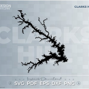 Clarks Hill Lake - Vector Afbeelding, Cut File, Kaart, Print Ready, Digitale Bestanden, SVG PDF DXF Eps Png