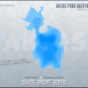 Akers Pond - Batymetriska djuplager SVG-filuppsättning - New Hampshire NH; Skiktad vektorgrafikkonturform, laserskuren fil, Glowforge-klar