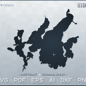 May include: Black and white silhouette of Leech Lake, a large lake with many inlets and coves. The image is on a gray background with the text "GFY DESIGN" and "LEECH LAKE" at the top. The text "* INSTANT DOWNLOAD *" and "SVG PDF EPS AI DXF PNG" are at the bottom of the image.