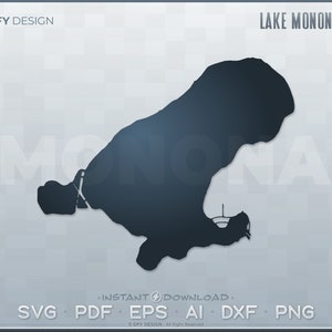 May include: Black and white silhouette of Lake Monona, Wisconsin. The lake is shaped like a large, irregular oval with a small island in the center. The text "LAKE MONONA - WI" is at the top of the image. The text "INSTANT DOWNLOAD" is in the lower center of the image. The text "SVG PDF EPS AI DXF PNG" is at the bottom of the image.