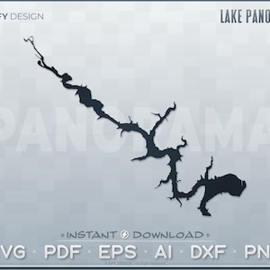 Puede incluir: Una silueta en blanco y negro de un lago con el texto "LAKE PANORAMA" arriba y el texto "SVG PDF EPS AI DXF PNG" abajo.