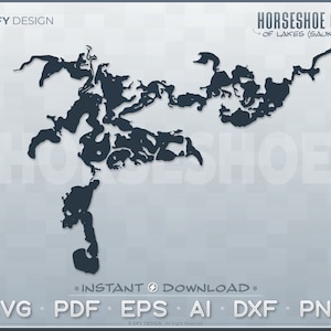 May include: Black and white silhouette of a chain of lakes, known as the Horseshoe Chain of Lakes, located in Sauk River. The image includes the text "Horseshoe Chain of Lakes (Sauk River)" and "GFY DESIGN".