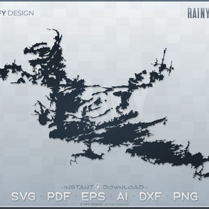 May include: Black and white silhouette of Rainy Lake, a large lake with many islands and inlets. The image is on a light gray background with the text "GFY DESIGN" and "RAINY LAKE" at the top. The text "INSTANT DOWNLOAD" and "SVG PDF EPS AI DXF PNG" are at the bottom of the image.