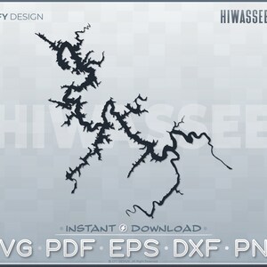 May include: Black and white outline of Hiwassee Lake, a large lake with many inlets and coves. The text "Hiwassee Lake" is at the top of the image. The text "SVG. PDF. EPS. DXF. PNG" is at the bottom of the image.