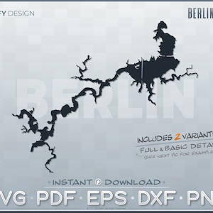 May include: A black and white outline of Berlin Lake, a large lake with many inlets and coves. The image includes the text "BERLIN LAKE" and "INCLUDES 2 VARIANTS FULL & BASIC DETAIL (SEE NEXT PIC FOR EXAMPLE)".